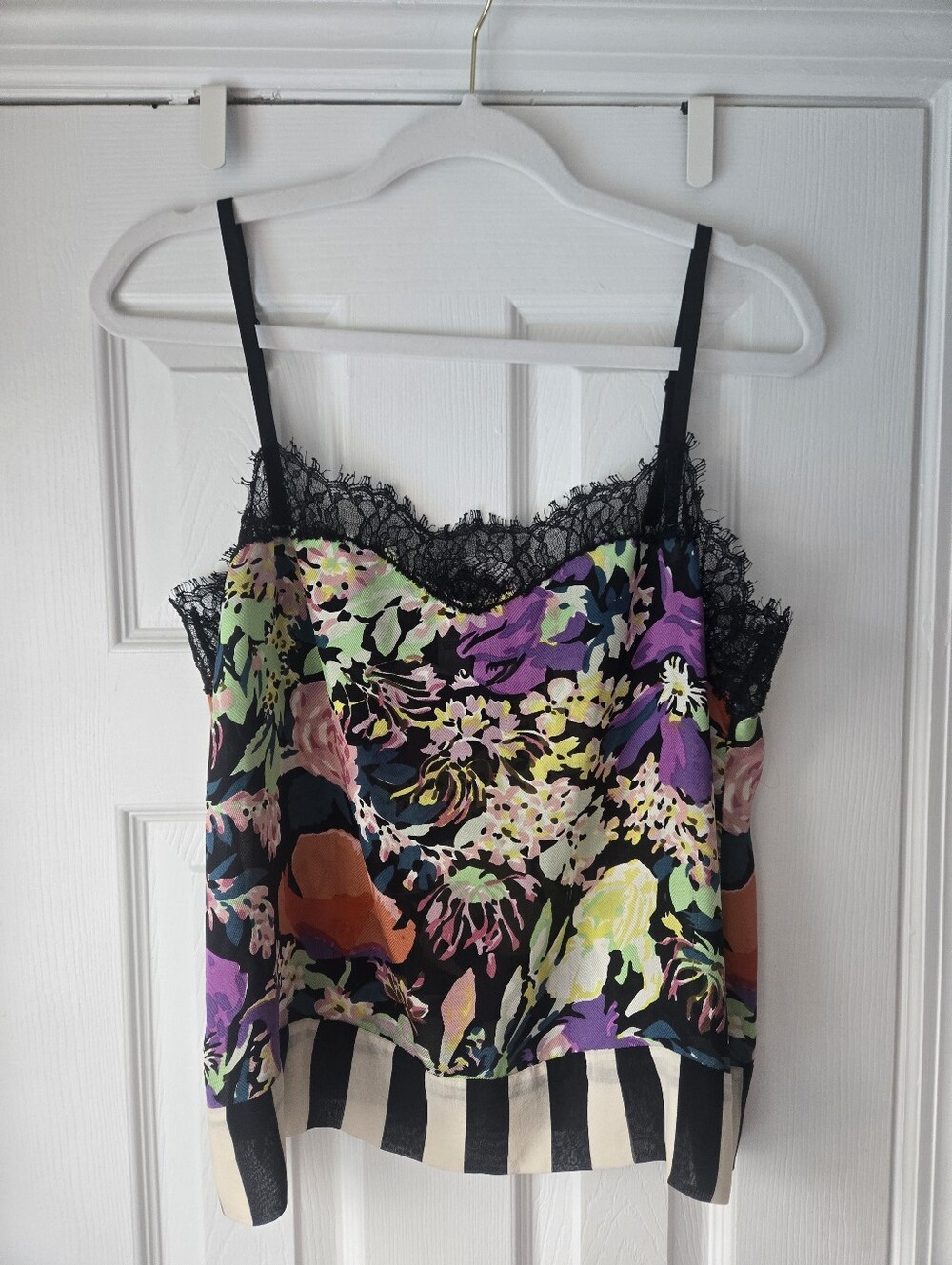 Diane Von Furstenberg Black Floral Lace-Trim Silk Cami